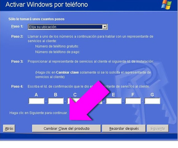 Para terminar, tipeando la clave LEGAL que nos trajo el CD de Windows XP.