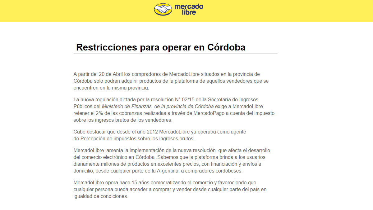 Aviso de Mercaolibre Córdoba