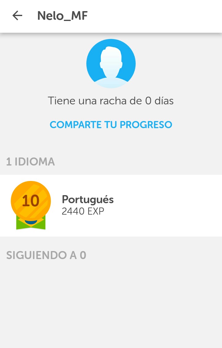 Mi perfil en Duolingo, acá se puede ver que estoy estudiando portugués.
