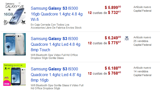 Galaxy S3 en Mercadolibre